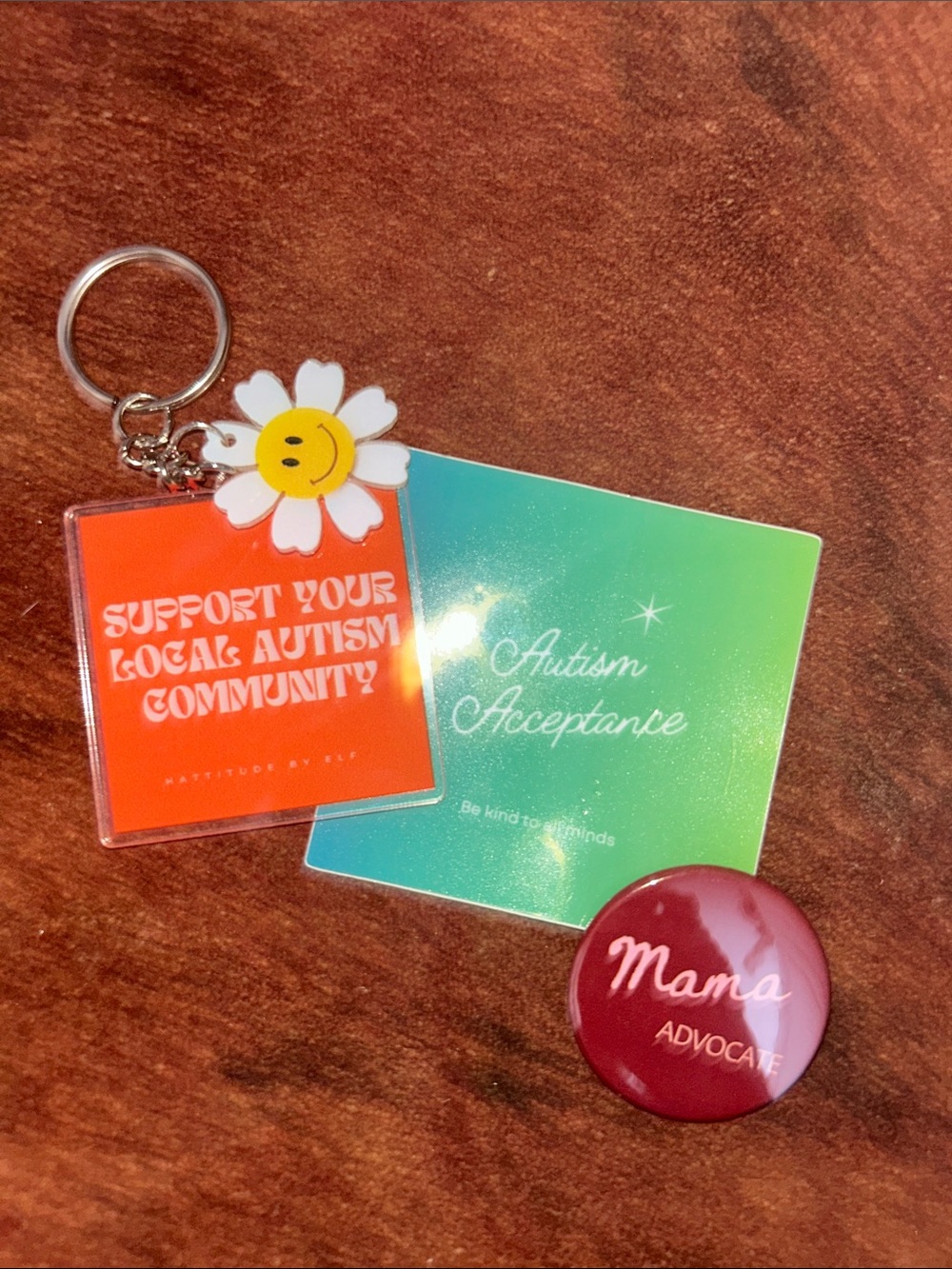 Autism Acceptance Accessories Keychain & Pins - Green, Orange, Yellow, Burgundy